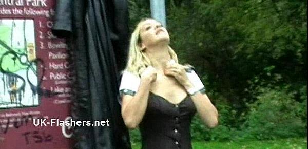  Homemade flashers footage of sexy milf Emma Louise toying in a park and upskirt